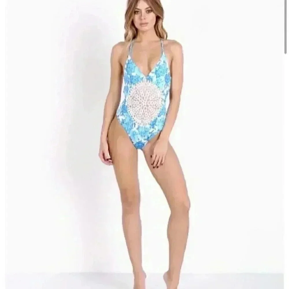 Frankie's Bikinis Poppy One Piece Blue Dahlia in size medium